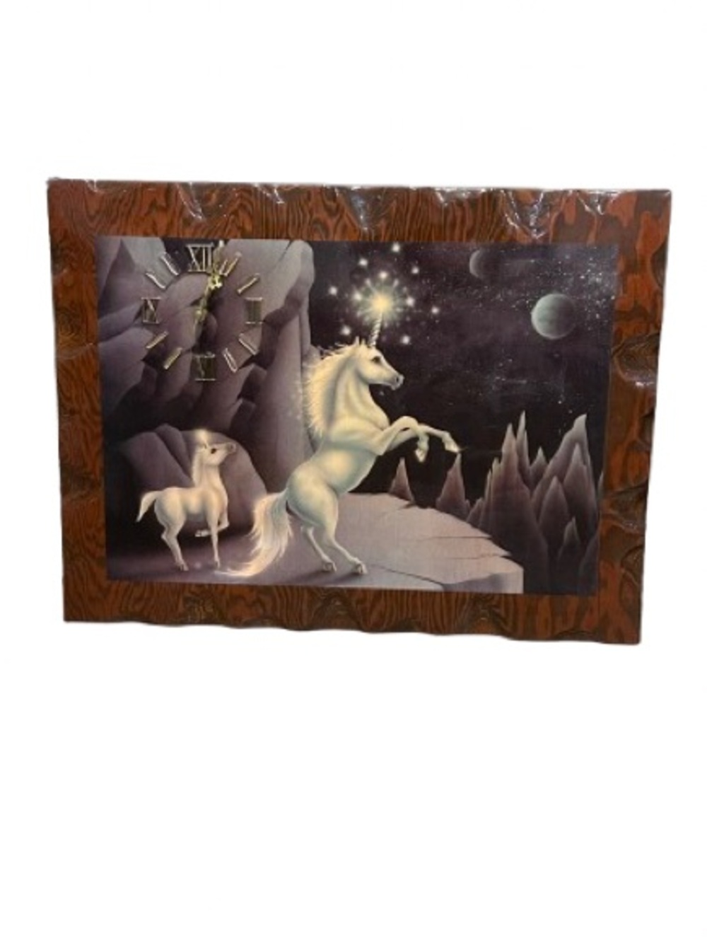 VTG 80s Unicorn in Paradise Clock Andy Mack Lacquered Wood Fairycore Mystical